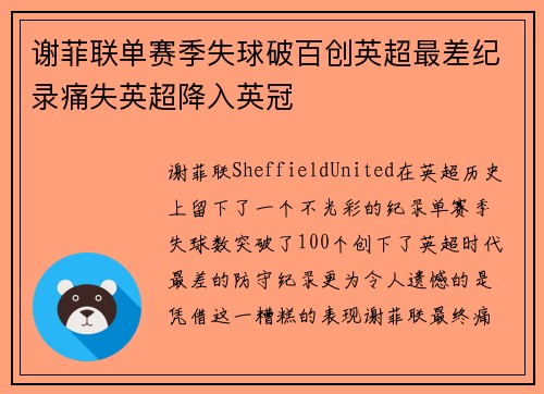 谢菲联单赛季失球破百创英超最差纪录痛失英超降入英冠 谢菲联单赛季失球破百创英超最差纪录痛失英超降入英冠