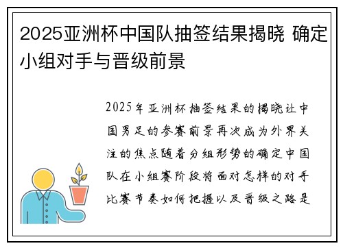 2025亚洲杯中国队抽签结果揭晓 确定小组对手与晋级前景