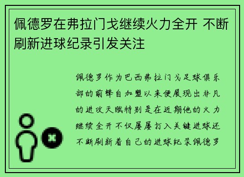 佩德罗在弗拉门戈继续火力全开 不断刷新进球纪录引发关注