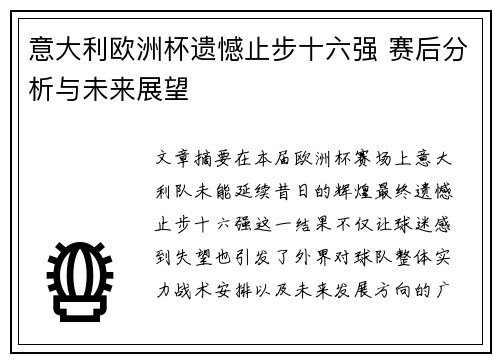 意大利欧洲杯遗憾止步十六强 赛后分析与未来展望